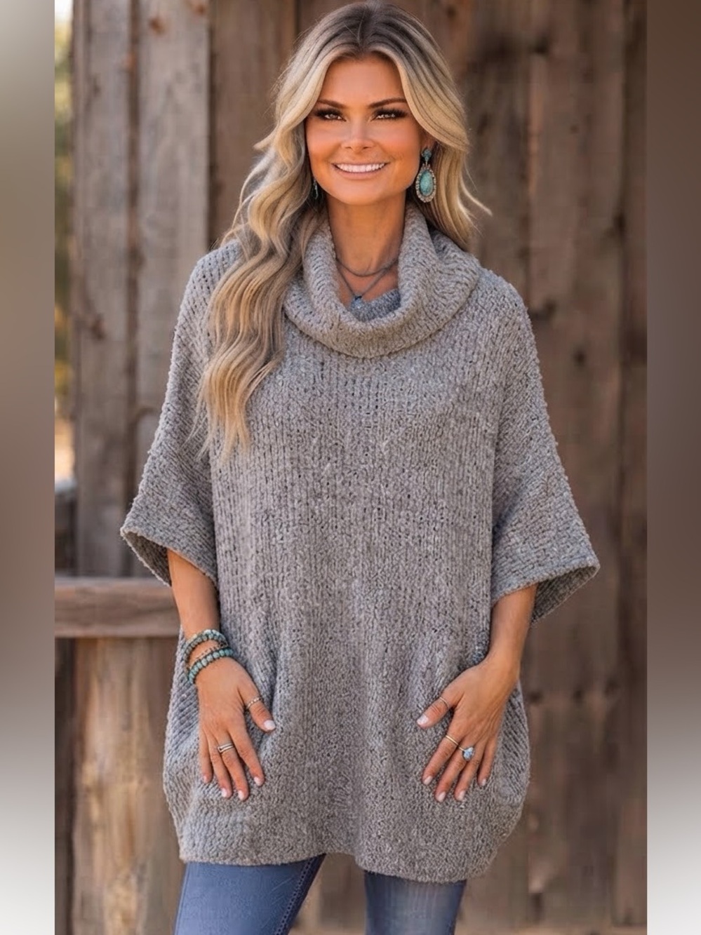 Free People Oversized Gray Cowl Neck Turtleneck wool alpaca Tunic Sweater m/l